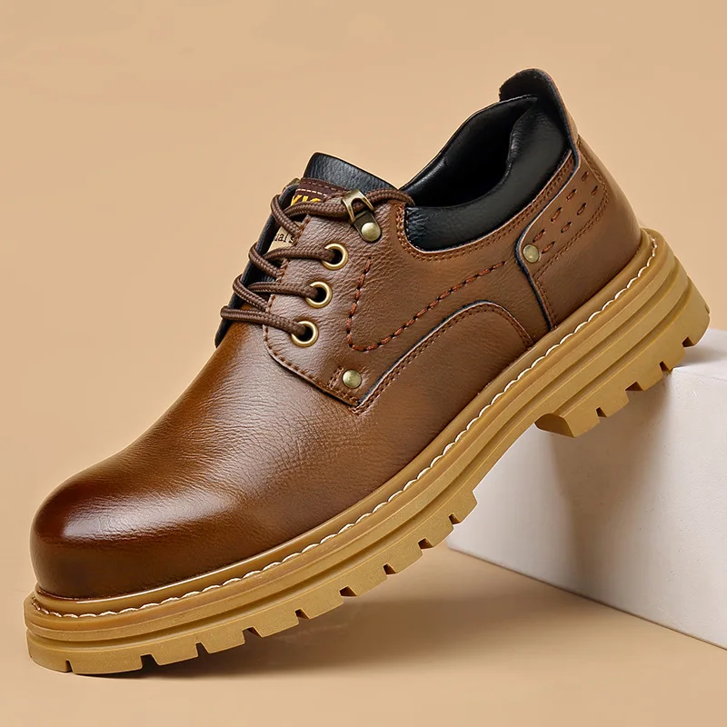 

British Style Thick Bottom Breathable Genuine Leather Shoes Men's Flats Platform 2026 Spring Square Heel Casual Shoes Safety