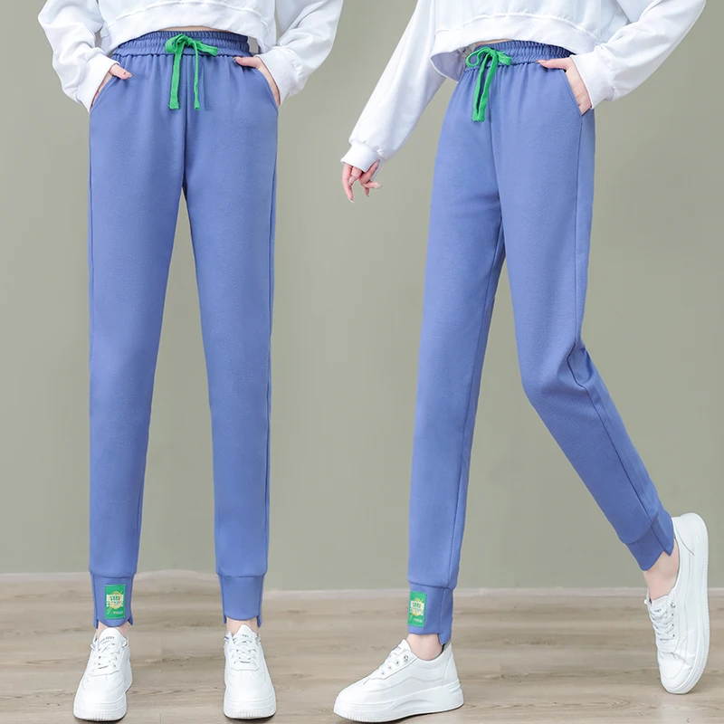 

Spring and Autumn Women's Solid Colors High Waist Elastic Loose Straight Pants Plus Size Pockets Casual Sports Trousers