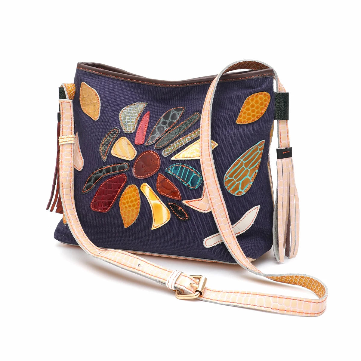 SC Multi Color Leather Piece Patchwork Canvas Hobo Bag Women Genuine Cowhide Tassel Vintage Casual Cross body Shoulder Handbag