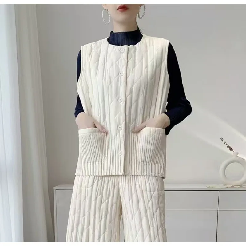 Miyake Pleated 2026 Autumn New Cotton Vest plisse Elegant Simple High-end Versatile Cotton Coat Commuter Style Warm Buttoned Top