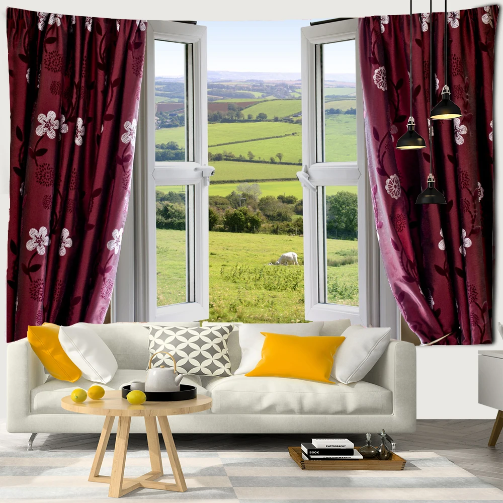 

Landscape Tapestry Bedroom Decoration Background Cloth 3D Window Scenery Tapestry Wall Hanging Dormitory Room Art Wall Rug