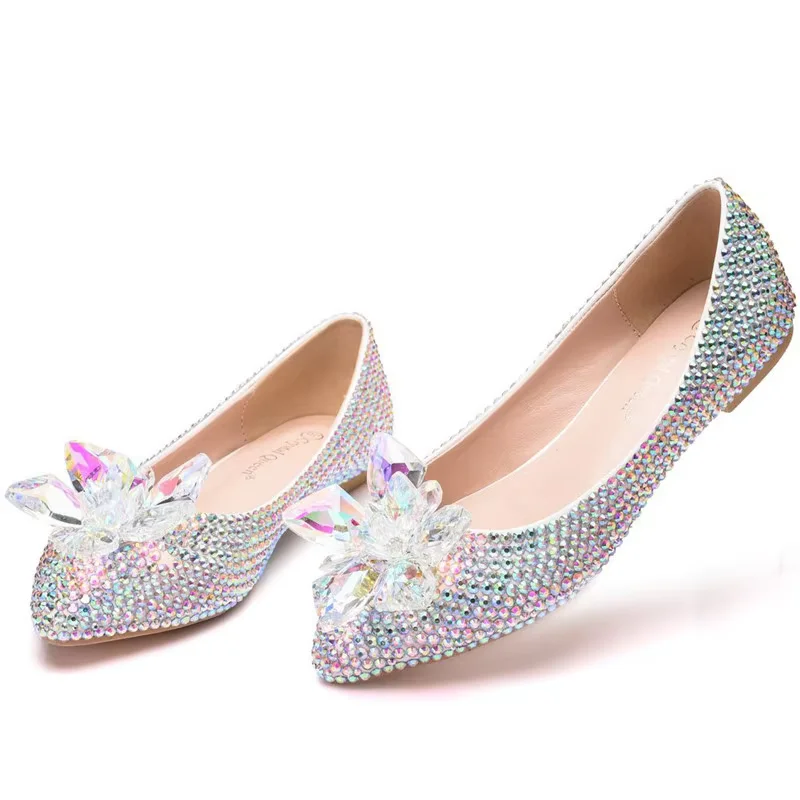 Cindrella Crystal Glass Wedding Shoes For Bride Silver Dazzling Slip-Ons Beige Sole Luxury Designer Flats With Box 26.5cm 34-43