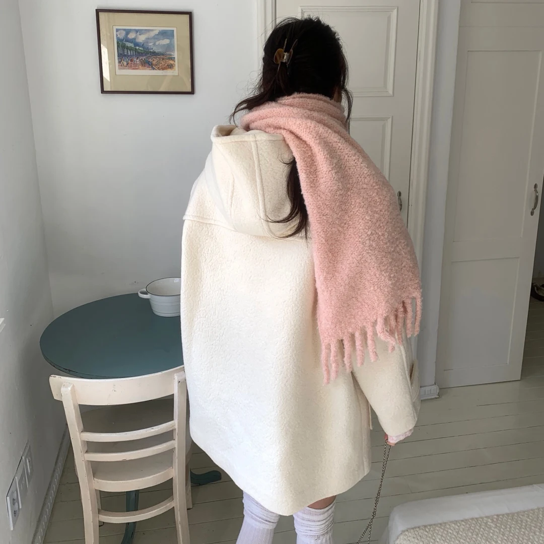 여성용 울 코트 가을 겨울 한국 스타일 달콤하고 부드러운 안티에이징 귀여운 버튼 후드 따뜻한 대형 코트