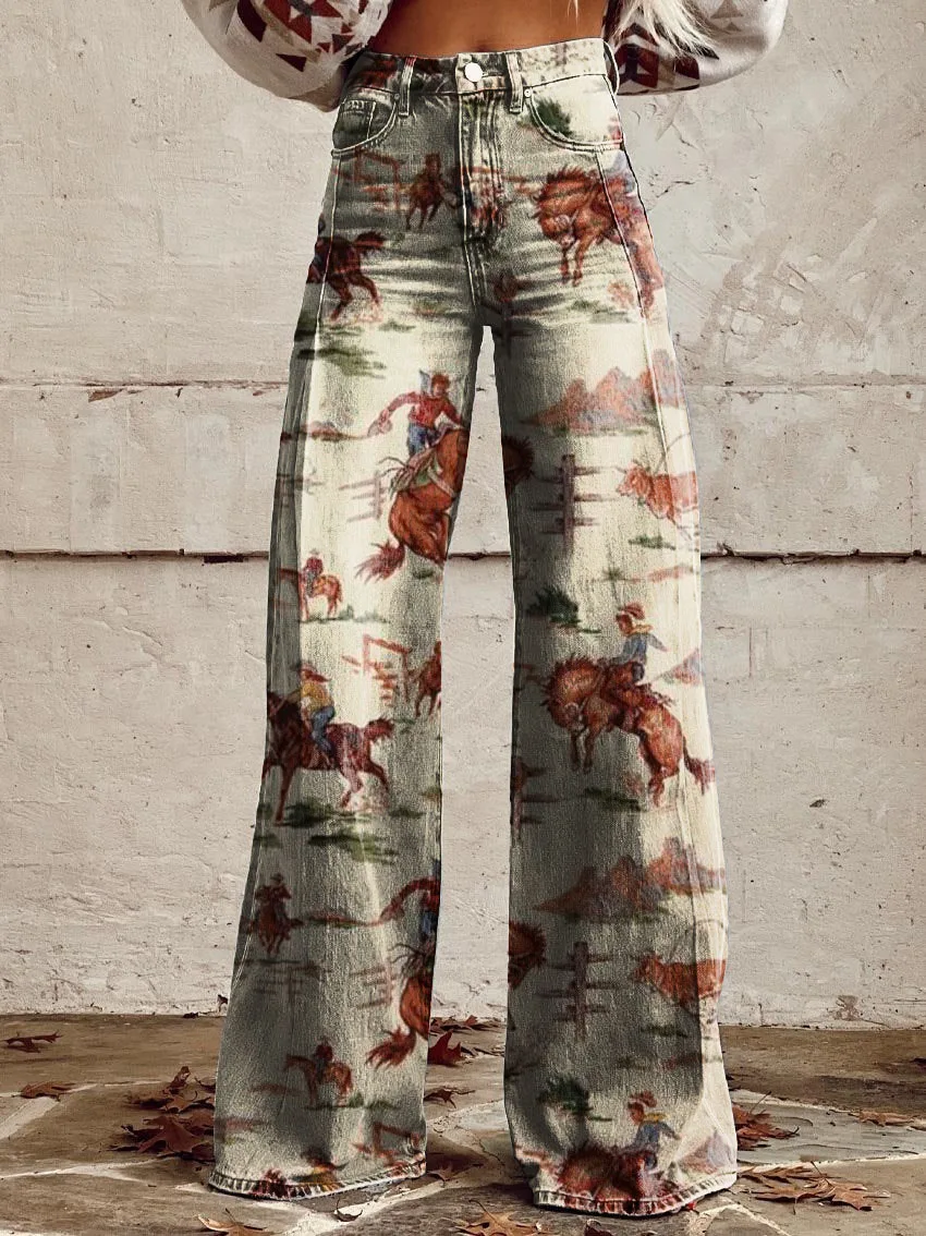 Youth Flower and Grass Women's Micro Flare Pants 3D Printed Jeans Fashion New Retro Flower Pattern Women's Flare Pants Wide Leg