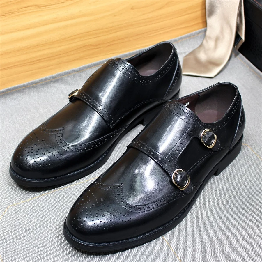 Men formal leather shoes luxurious double row metal buttons monk style block toe loafers office and business banquet dress shoes