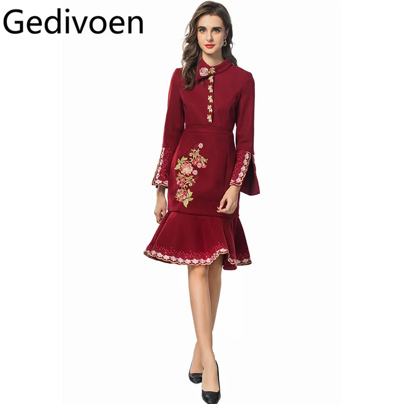 

Gedivoen Autumn Winter Women's Mermaid Dress Stand Collar Long-Sleeved Embroidery Design High Waiste Slim Dresses