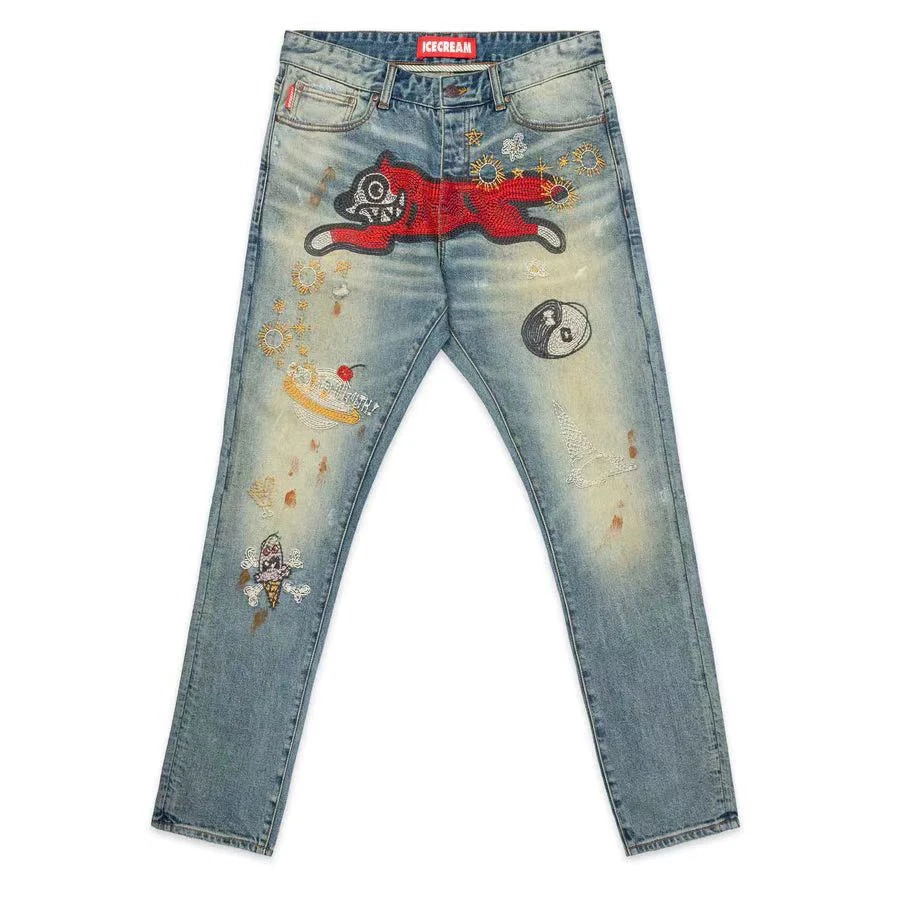 

Waed Mud Old American Heavy Industry Embroidery Fly Dog Jeans Youth Trendy Hip Hop Sle Wear Resistant Thin Denim Long Pants