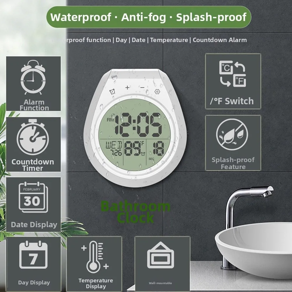 Waterproof For Bathroom Timer Clock Featuring Bold Numbers Time Date Day Seconds and Dual Scale Temperature Readout
