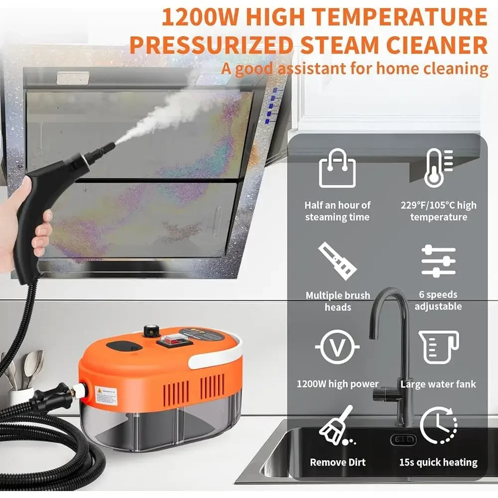 High Power Handheld Steam Cleaner Portable Car Cleaning Machine 2500W 6 Speed Adjustable Pressure 1L Tank 3 Brush Heads