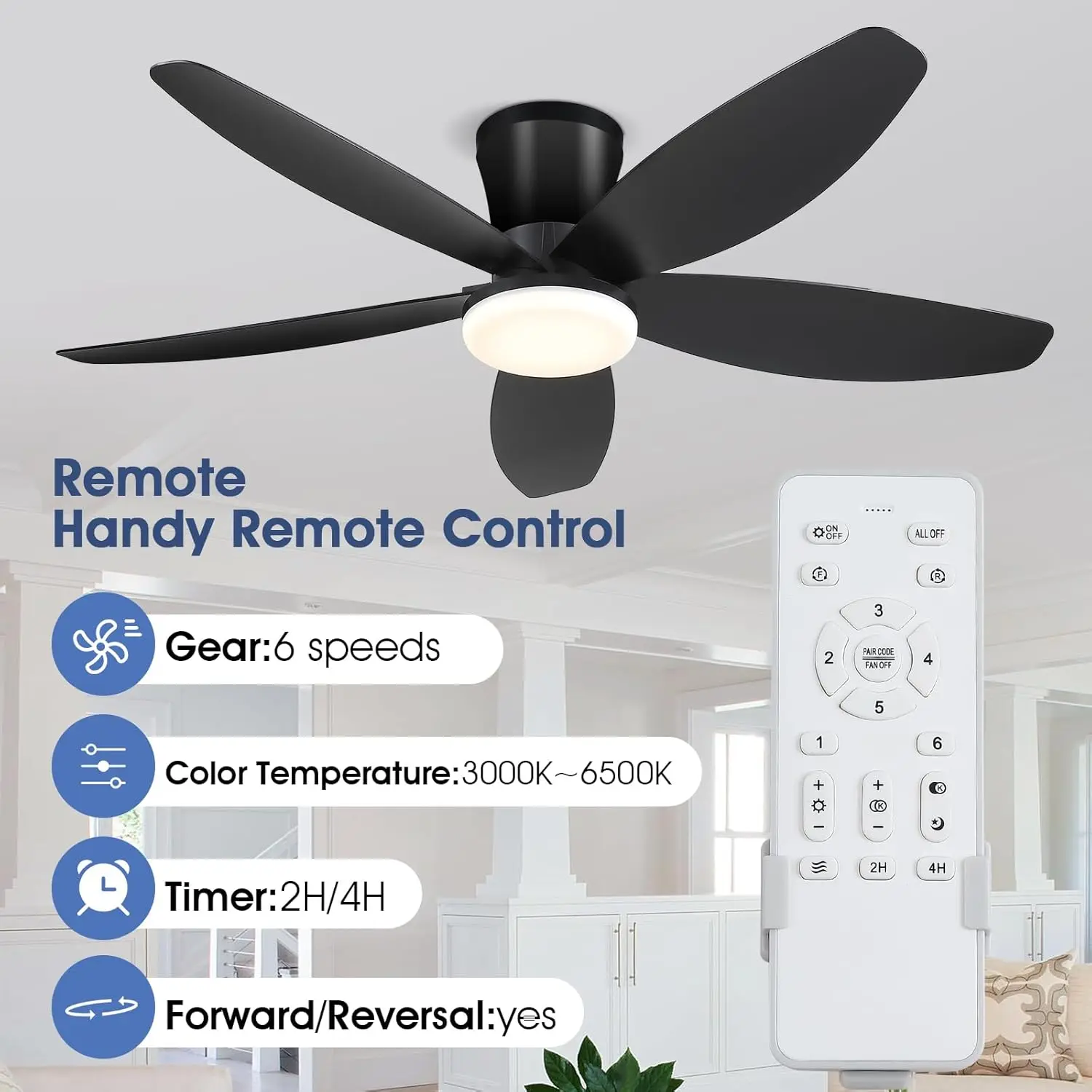 Ventiladores de techo de 42 "con luces, ventilador de techo de perfil bajo con luz y Control remoto/aplicación, montaje empotrado, CC Reversible,Led regulable