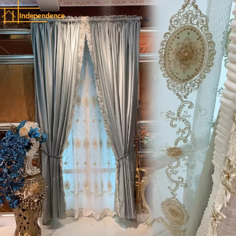 Gray Velvet Fungus Lace Splicing Embroidered Window Screen Curtains for Living Room Bedroom Floor-to-ceiling Windows Customized