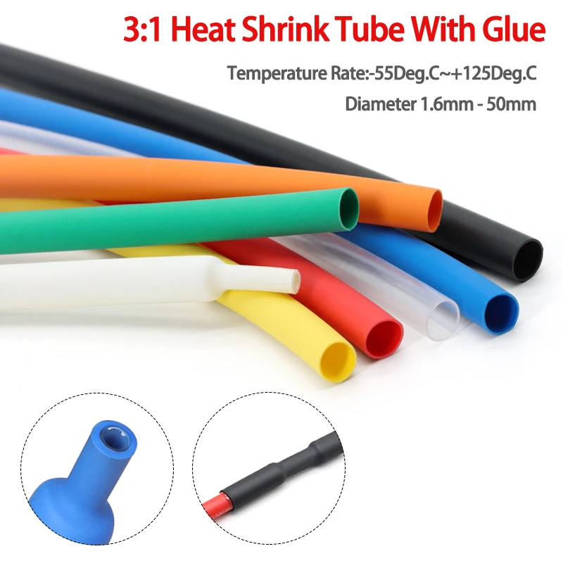 Tubo Termoencolhível de Parede Dupla 3:1 com Cola 3m, Diâmetros 1.6/2.4/3.2/4.8/6.4/7.9/9.5/12.7/30/50mm, Revestimento Adesivo para Fios