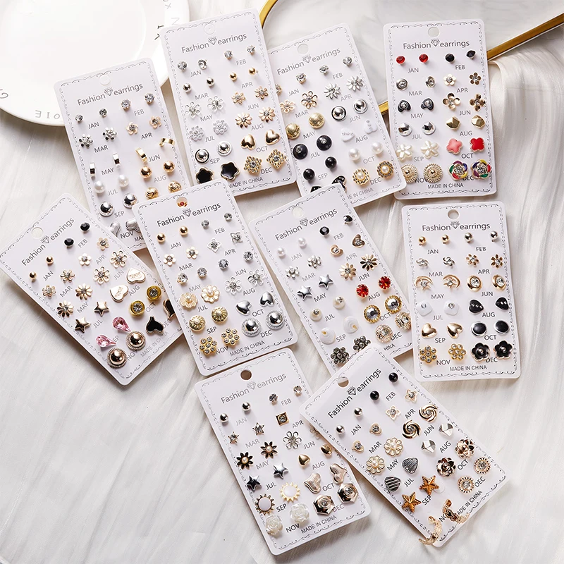 12Pairs Combination Stud Earrings Set Crystal Imitation Pearl Flower Heart Star Small Earrings For Women Mix Style Month Jewelry