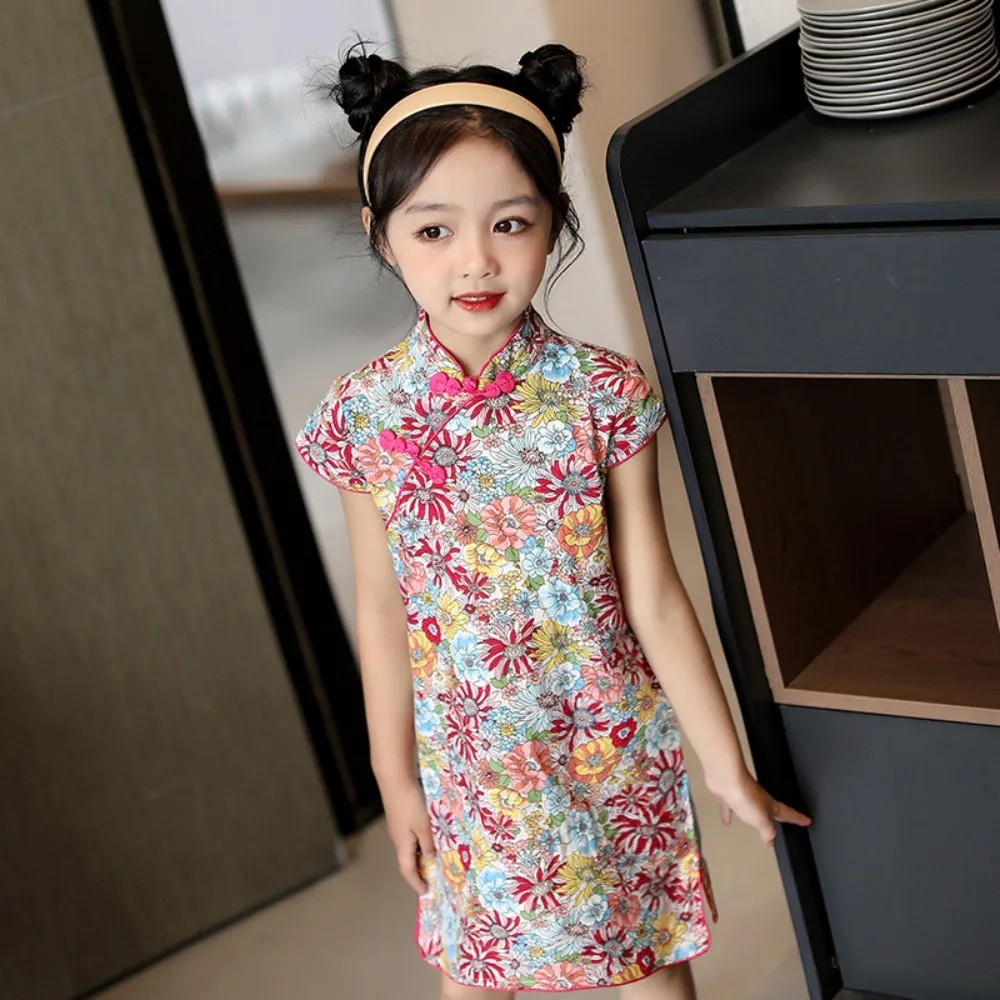 Bear Leader Summer Flower Printed Cheongsam Chinese Style Peacock Animal Sleeveless Girls Dresses Sweet New Year Kids Clothes