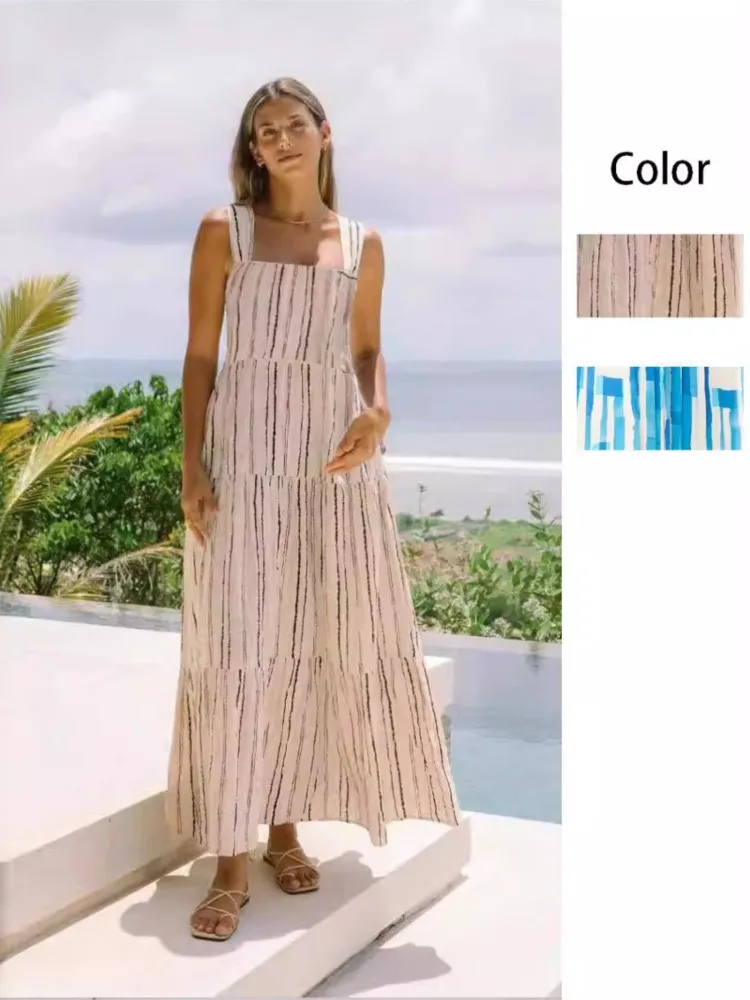 

Spring Summer Stripe Print Spaghetti Strap Dresses Women Sexy Backless Leace-up Long Dress Fashion Casual Vacation Style Vestido