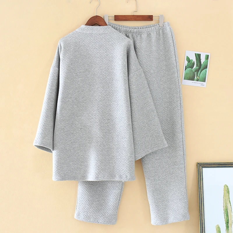 남성용 일본 기모노 유카타 잠옷 세트 에어 레이어 두꺼운 바지 투피스 슈트 유카타 피자마 가운 슈트 플러스 사이즈