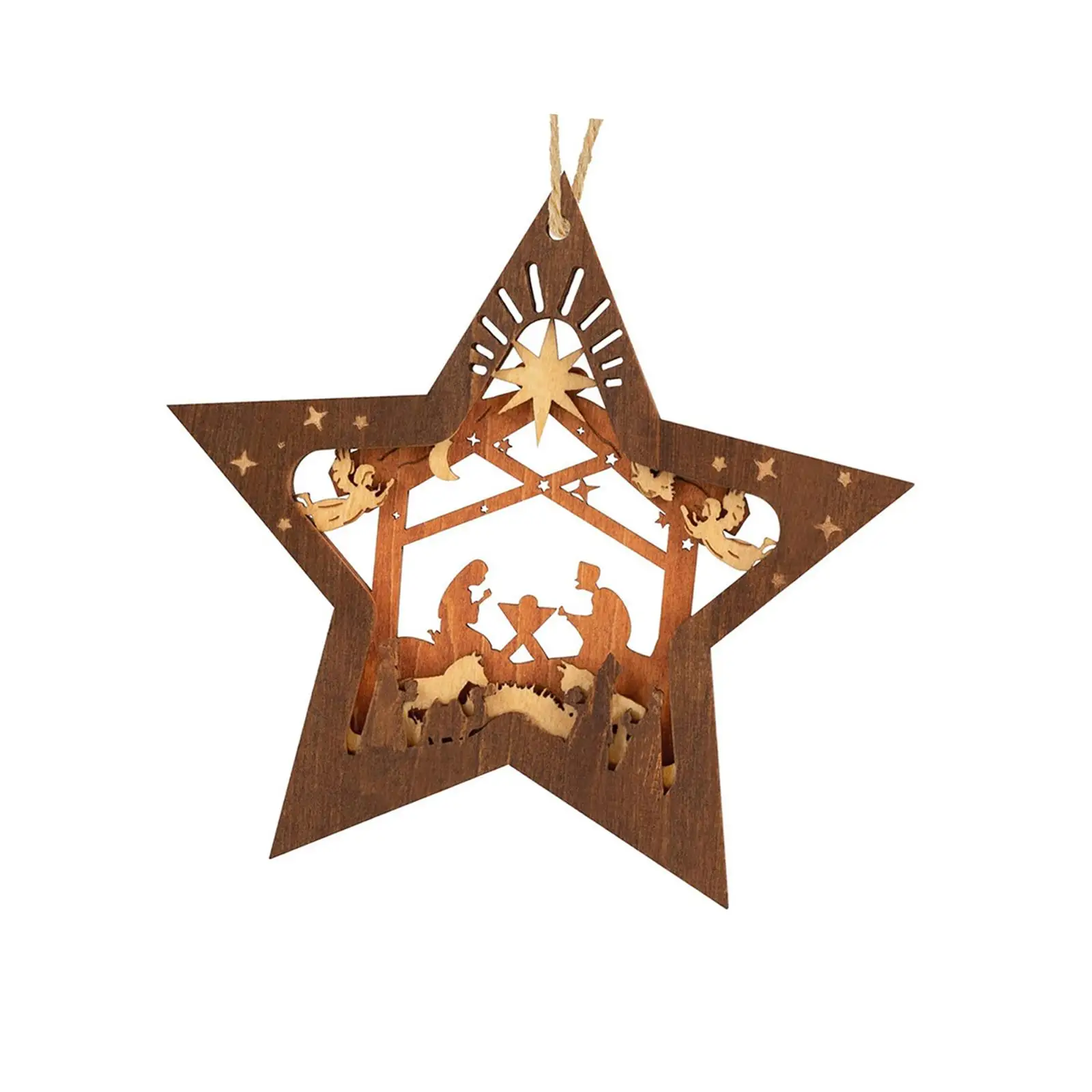 Wood Hanging Christian Nativity Scene Ornament Star Shape Jesus Christmas Decor for Tree Wall Window Kitchen Home