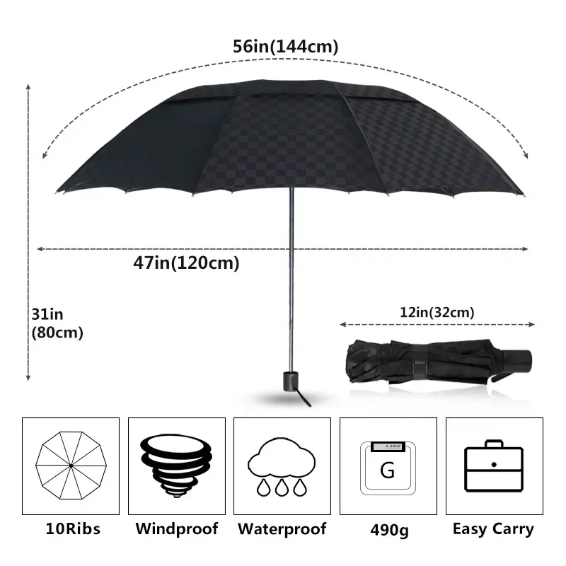 Double Layer 3Folding Umbrella Rain Women Men Big 10K Windproof Business Umbrellas Male Dark Grid Parasol Family Travel Paraguas