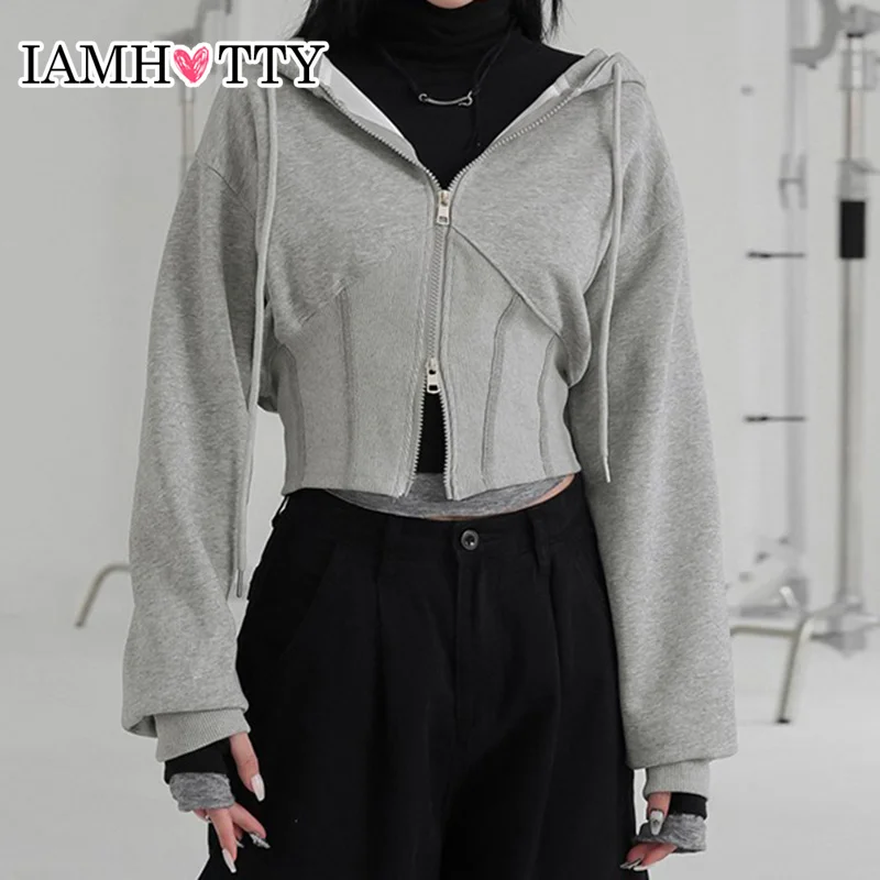 IAMHOTTY Corset Cropped Hoodie Casual Basic Slim-fitting Hooded Sweatshirts Fall Spring Double Zip-up Cardigan Korean Thin Coat