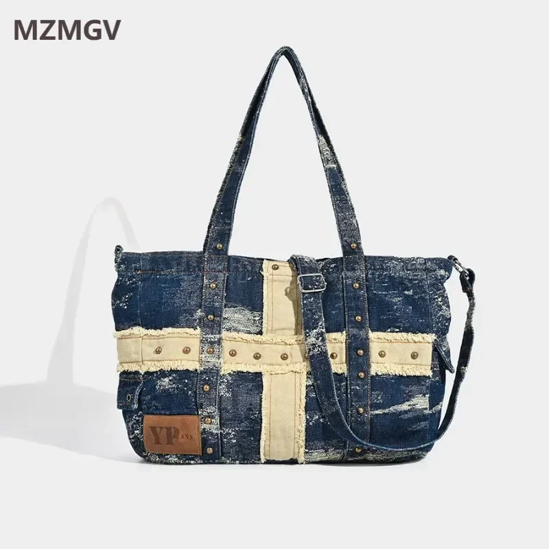 

Casual Denim Tote Bag Luxury Designer Y2K Retro Women's Rivet Large Capacity Handbag Underarm Single Shoulder Bag New Arrivals
