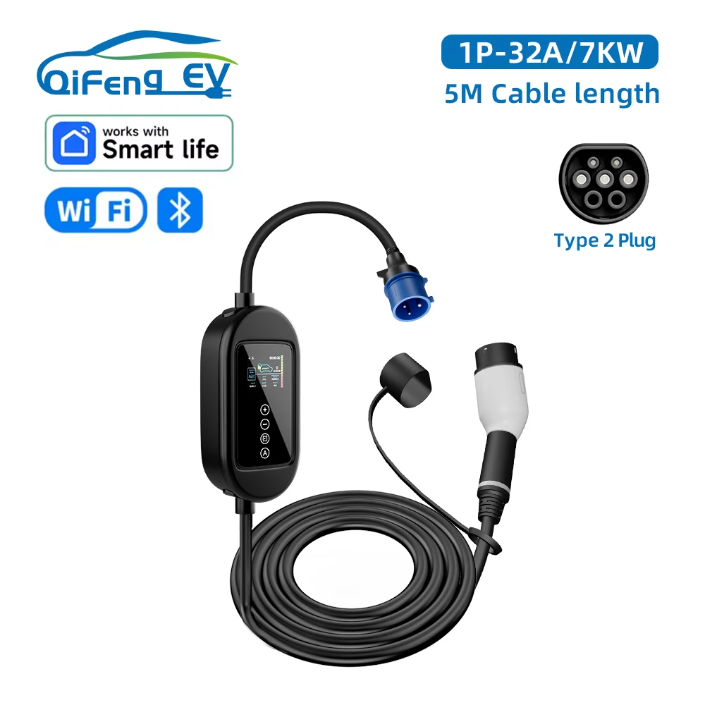 

QiFeng 32A 7KW EV Charger Type2 1Phase Electric Car Vehicle Charging Station for Electric Car 5M Cable Fast Charger WiFi BT APP