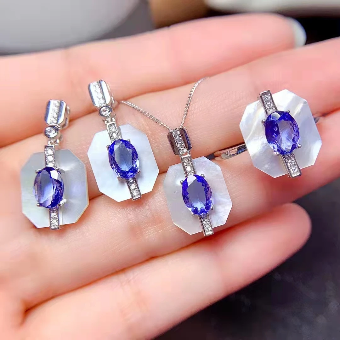 FS Natural Tanzanite Necklace Earrings Ring Shell Set S925 Sterling Silver Fine Fashion for Women Weddings Jewelry MeiBaPJ