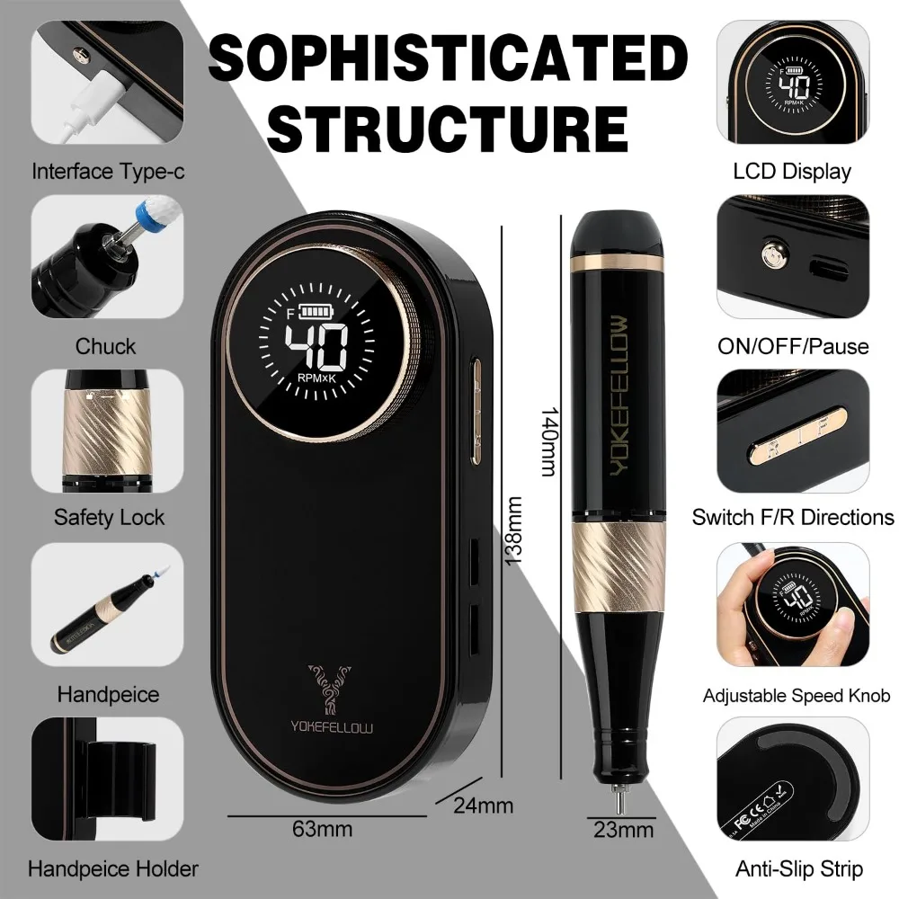 Professionele elektrische nagelboormachine - 40000 RPM oplaadbaar met LCD-display voor manicure-pedicureset