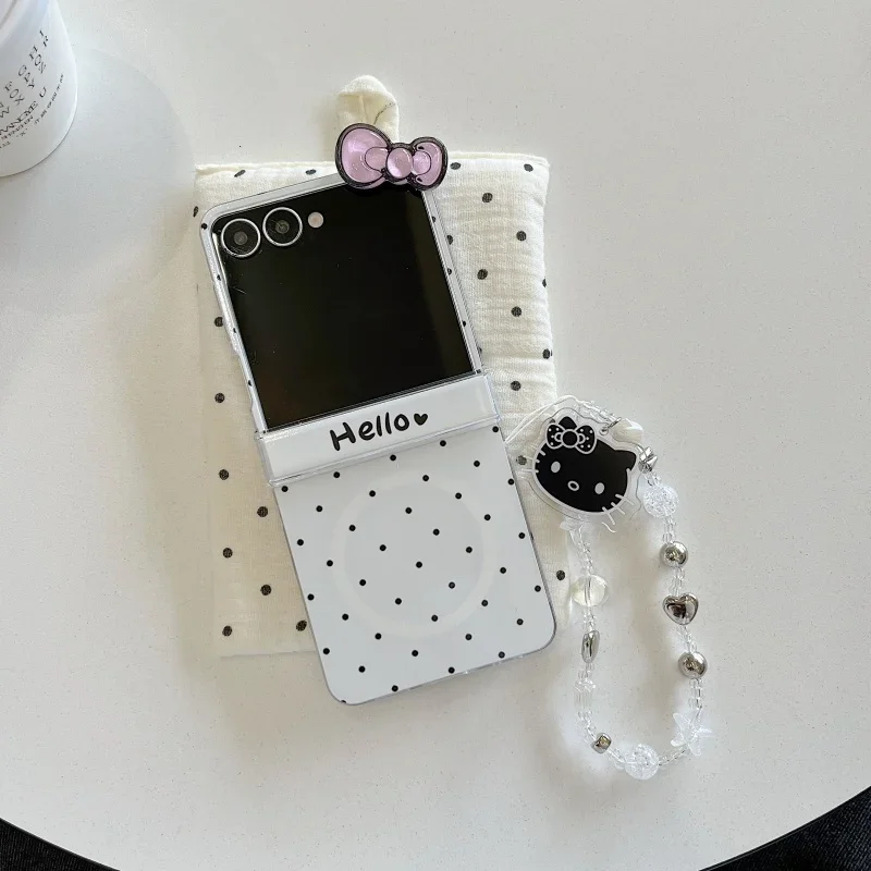 Cute Polka Dot Stereo Bow Hello Kitty Shaker Holder Phone Case for Samsung Galaxy Z Flip 7 6 5 4 3 with Lanyard