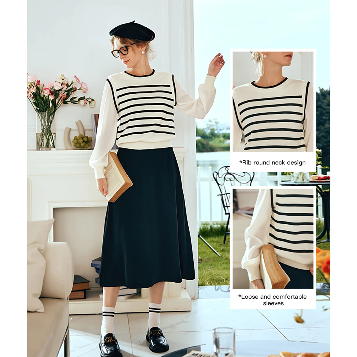 OLrain Striped 2 in 1 Pullovers for Women 2025 Spring Summer French Long Sleeve O Neck Knitwear Office Lady Tops O24CZ88661