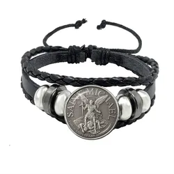 Amulet Symbol Bracelet Archangel St.Michael Protect Me Saint Shield Glass Time Gem Russian Orhodox Black Woven Bangles for Men