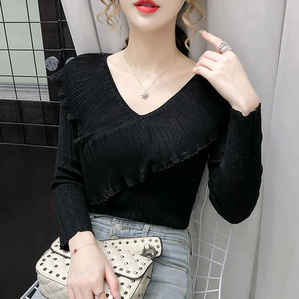 New Women's Long Sleeved Pullover Autumn Winter V-neck Casual T-shirt S-3XL Size Knitted Top Comfort Self Cultivation Solid Tops