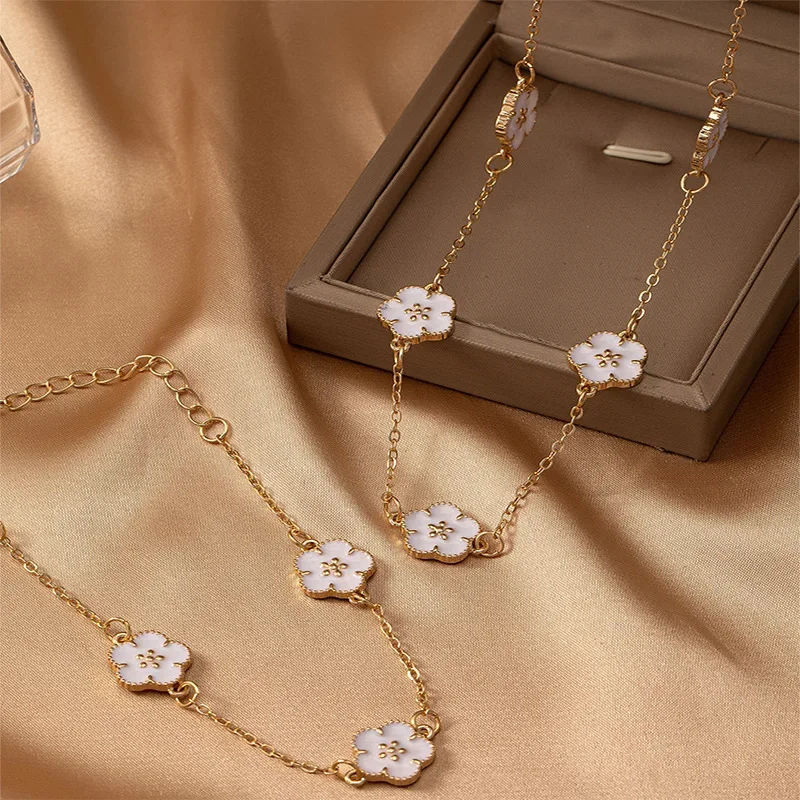 Jewelry Sets For Women Metal Enamel Flower Bracelet Necklace Two Piece Set OL Holiday Party Gift Accessories DS014