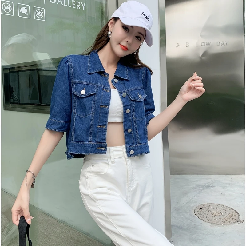 Spring Simple Fashion Vintage Short  Loose Appears Thin Half Sleeve Women  Denim Shirts Tops Z148