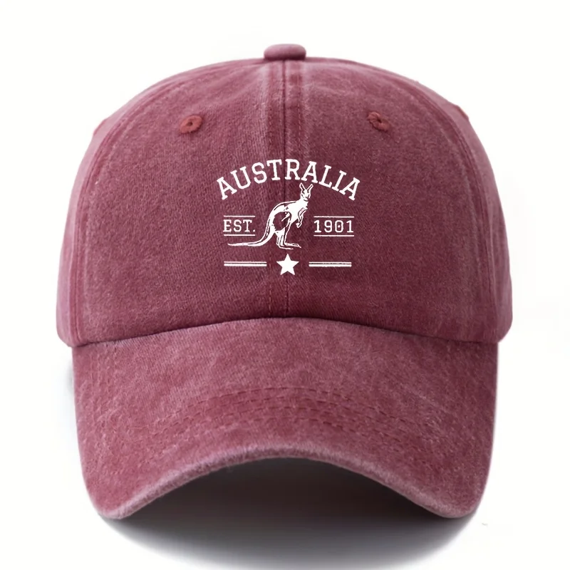 A Unisex Fashion Versatile Printed Letter AUSTRALIA Baseball Cap, Kangaroo Pattern Classic Retro Washed Outdoor Lightweight Curv