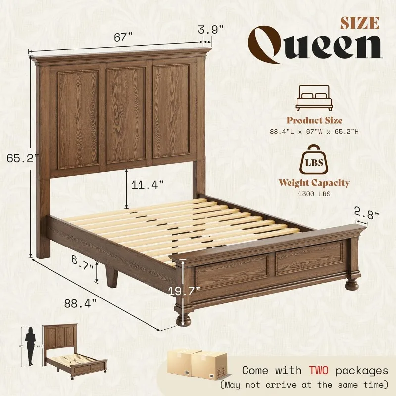 AMERLIFE Solid Wood Queen Bed Frame with 65.2