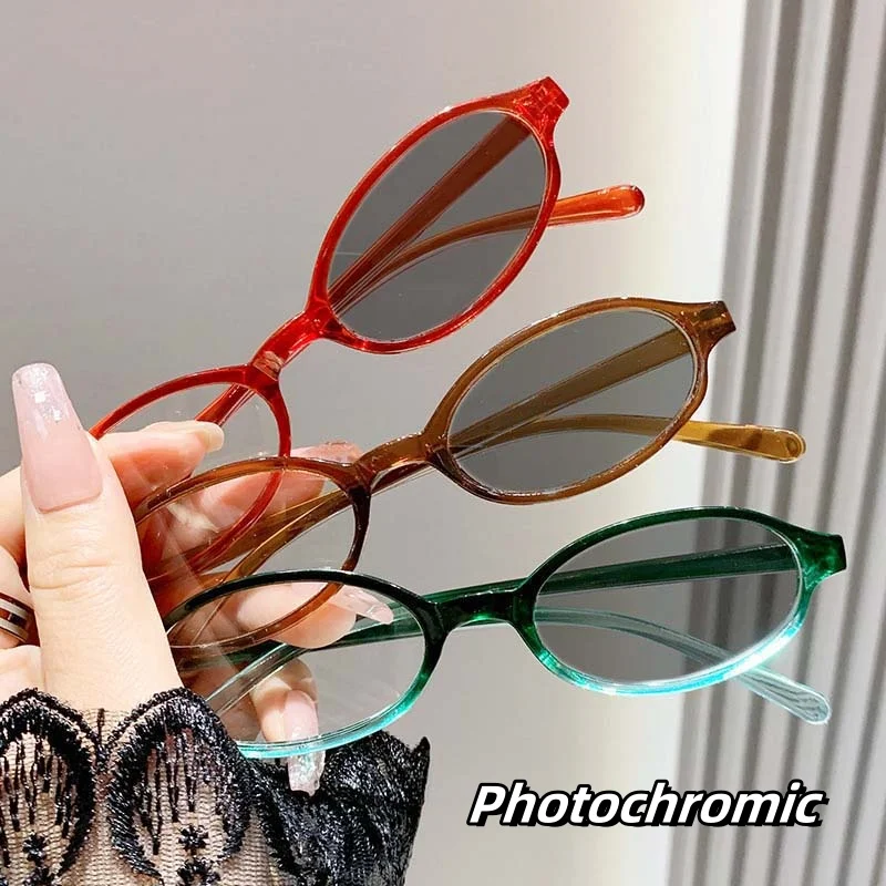 

Vintage Oval Small Frame Anti Blue Light Myopia Eyewear Women Eye Protection Photochromic Eyeglasses Color Changing Glasses