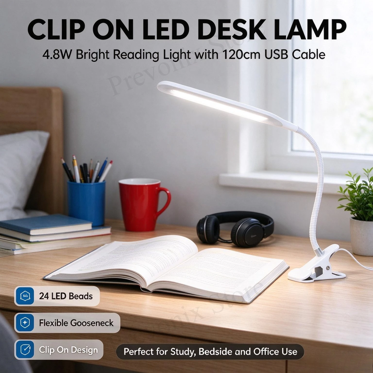 Lámpara de escritorio LED con pinza, luz blanca fría de 6500K, cable de 120 cm, lámpara con pinza para mesita de noche, lectura, estudio, trabajos manuales, reparaciones y tareas que requieren iluminación.