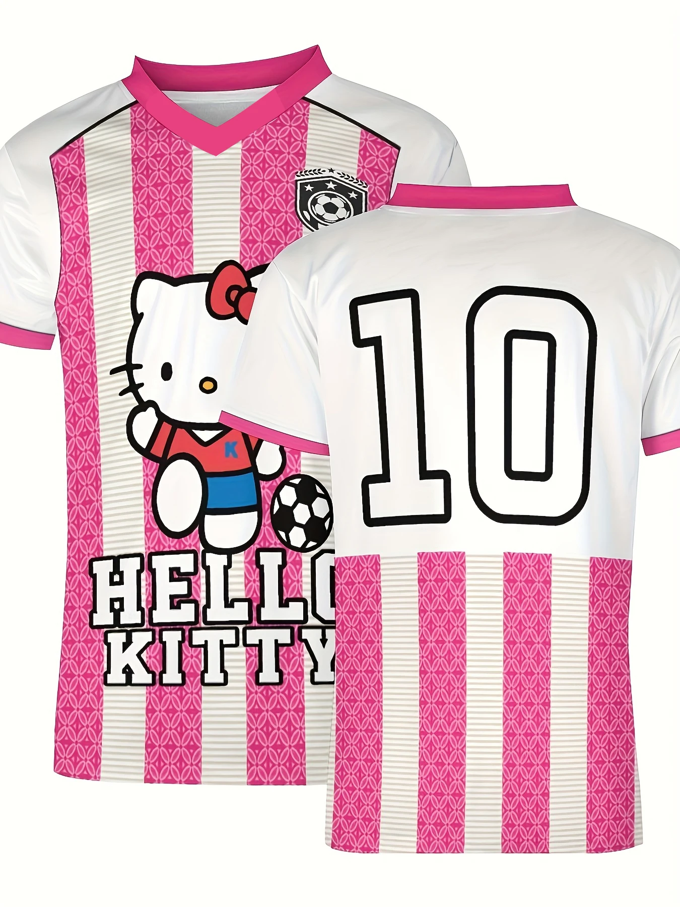 مينيسو سانليو نيو هالو كيتي # 10 بدلة تدريب كرة القدم الصيفية الخارجية المطبوعة، سرعة قابلة للتنفس، تي شيرت كبير برقبة على شكل حرف V #3