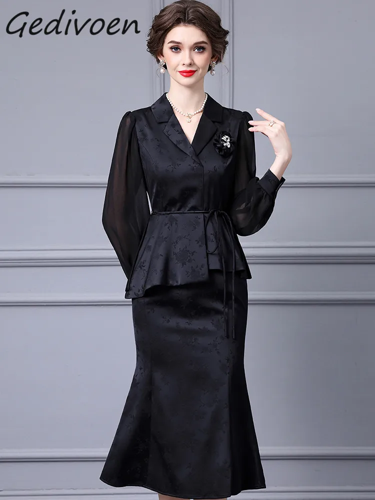 

Gedivoen Autumn Fashion Runway Black Vintage Mermaid Dress Women Lapel Appliques Frenulum Ruffle Package Buttock Slim Long Dress