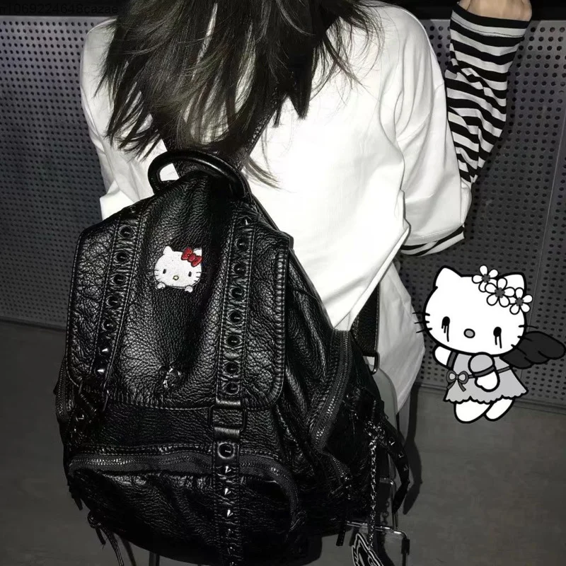 Sanrio Hello Kitty Luxury Design Bags Y2K Spicy Girl Rivet Punk Backpack New Large Capacity Schoolbag Women Fashion Shoulder Bag