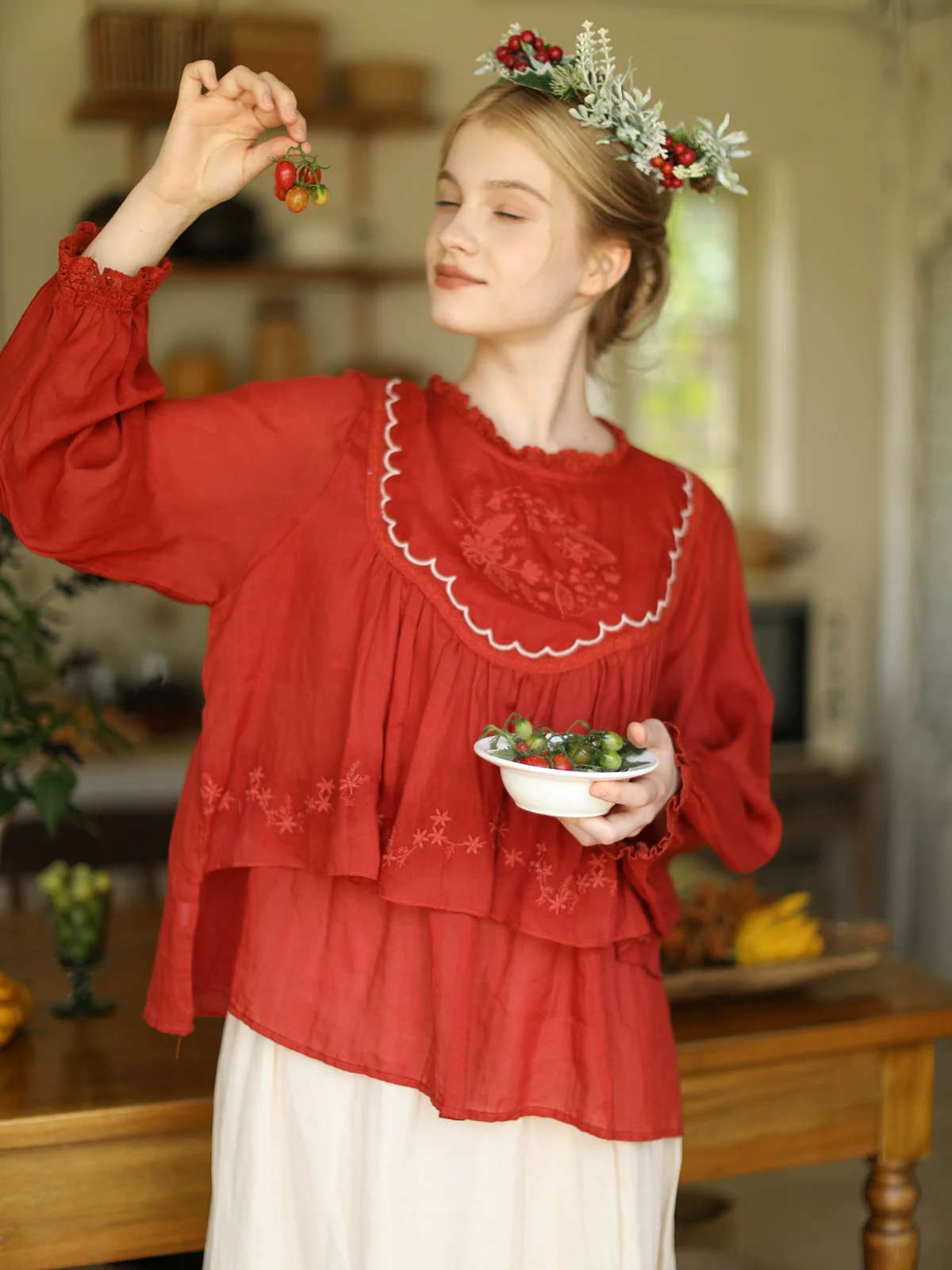 

Spring Summer Women French Embroidery Loose Double-Layer Orange Red + Pink Purple Two-Tone Jute Boho Blouse/Shirts