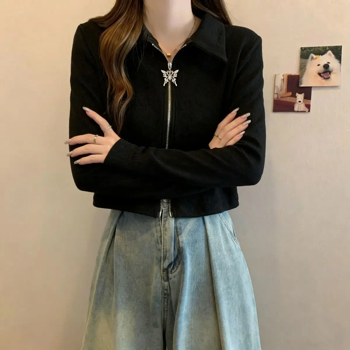 

Spring Autumn Women's Short Jacket Spring Autumn New Retro Long Sleeved Butterfly Zipper Top