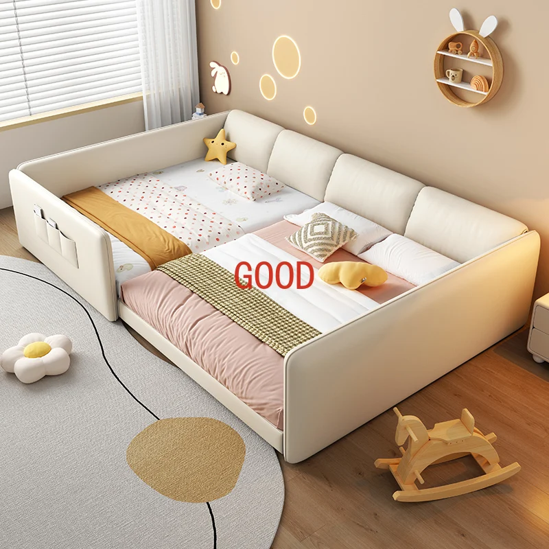 Children's bed tatami cream wind platform bed first layer cowhide parent-child bed guardrail