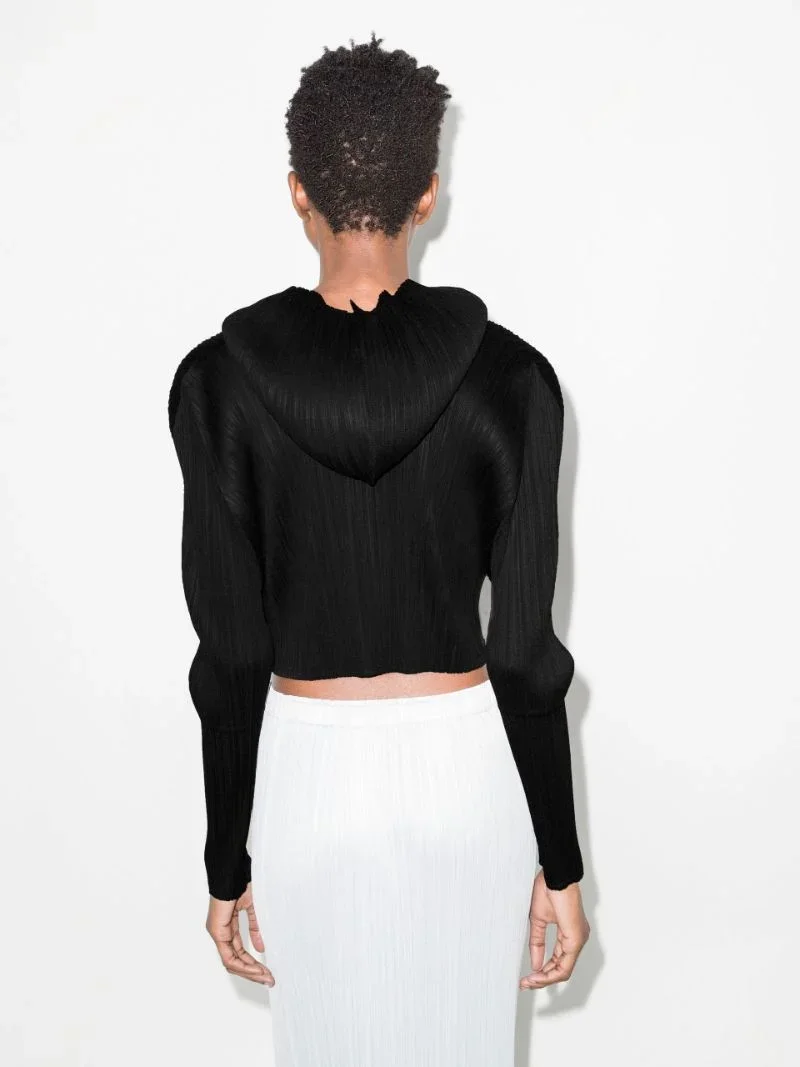 Miyake Pleated Long Sleeved Short Cropped Hoodie Black Tops