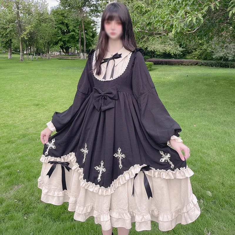 Lolita-vestidos de manga larga con volantes para mujer, cintas de punto de cruz, Collar de muñeca dulce, lazos para baile de graduación, disfraz de Cosplay de Halloween