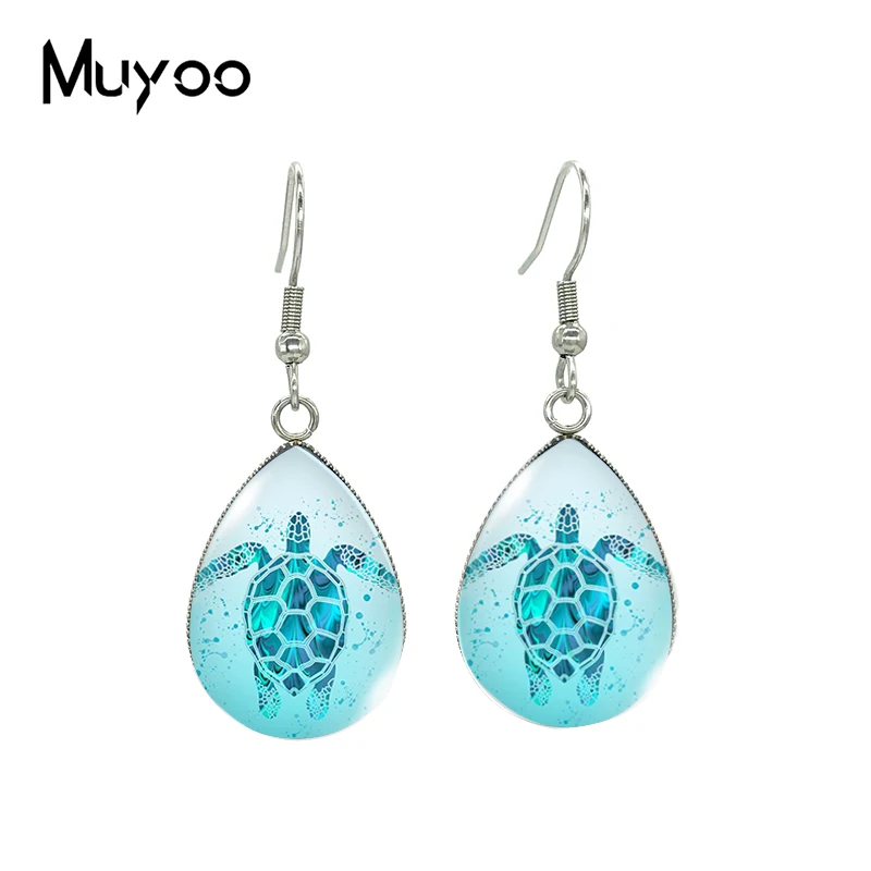 2023 New Sea Turtle Tear drop Earring Fish hook Earrings Glass Cabochon Jewelry Handmade Items