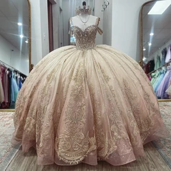 Pink Princess Quinceanera Dresses Off the Shoulder Ball Gown 2024 Sweet 16 Dress Beads Gold Appliques Lace Beads Crystal 15th