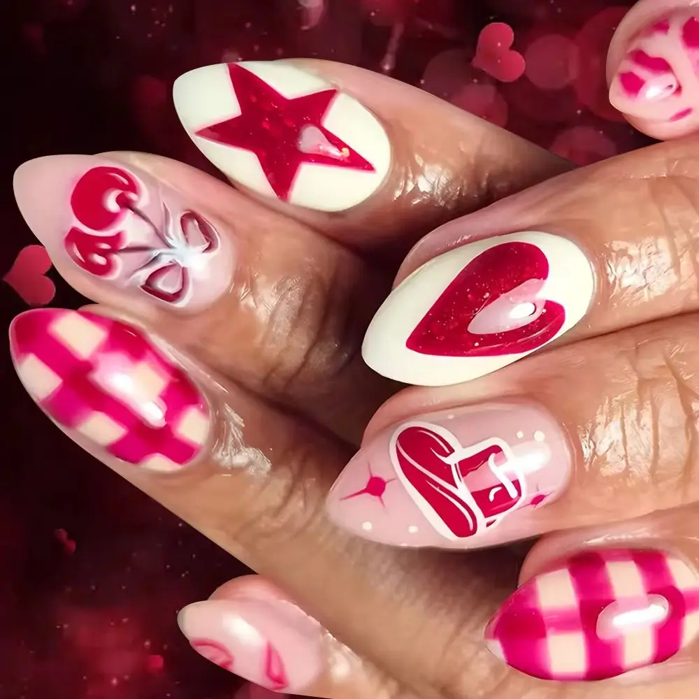 24 قطعة عيد الحب وهمية مسمار نصائح الأحمر القلب ستار الكرز طباعة اضغط على الأظافر يمكن ارتداؤها فتاة حلوة Ins اللوز الأظافر كاذبة #1
