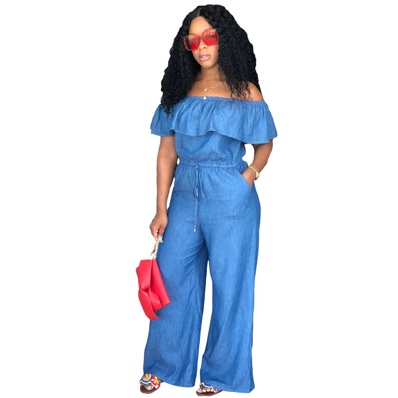 Solide schulter freie Jeans Overall Frauen einteiliges Outfit Sommer mode lose Kordel zug Hosen sexy weibliche Luxus Overalls