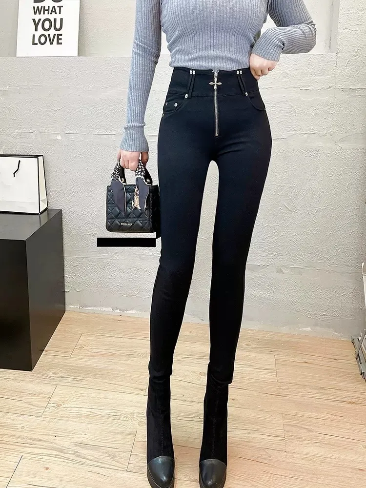 Women High Waist Skinny Pencil Pants Zipper Casual Streetwear Stretchy Trousers Female Autumn Warm Fleece Lining Slim Fit Pants